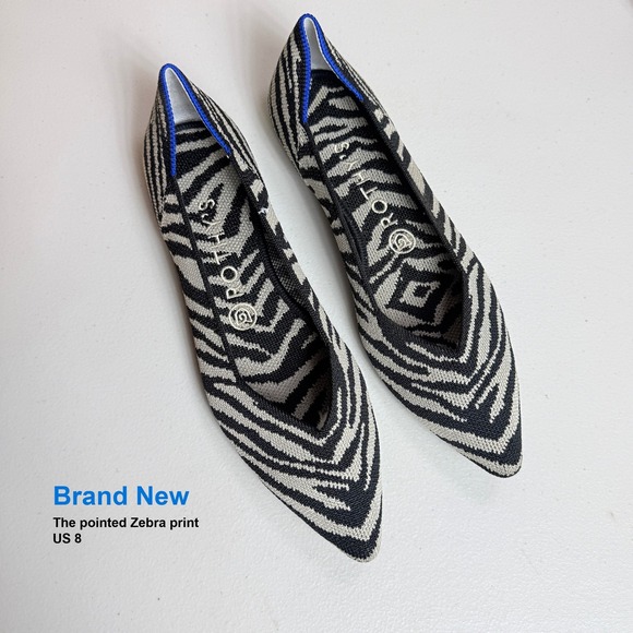 NEW Rothys The Point Black Zebra Animal Print Knit Pointed Toe Flats Womens 8